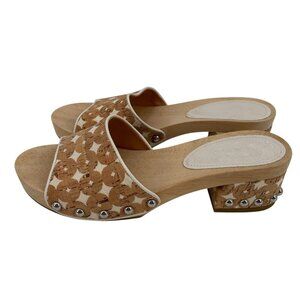 Sigerson Morrison 7.5 Akira Beige Canvas Clogs Wooden Platform Mule Studs